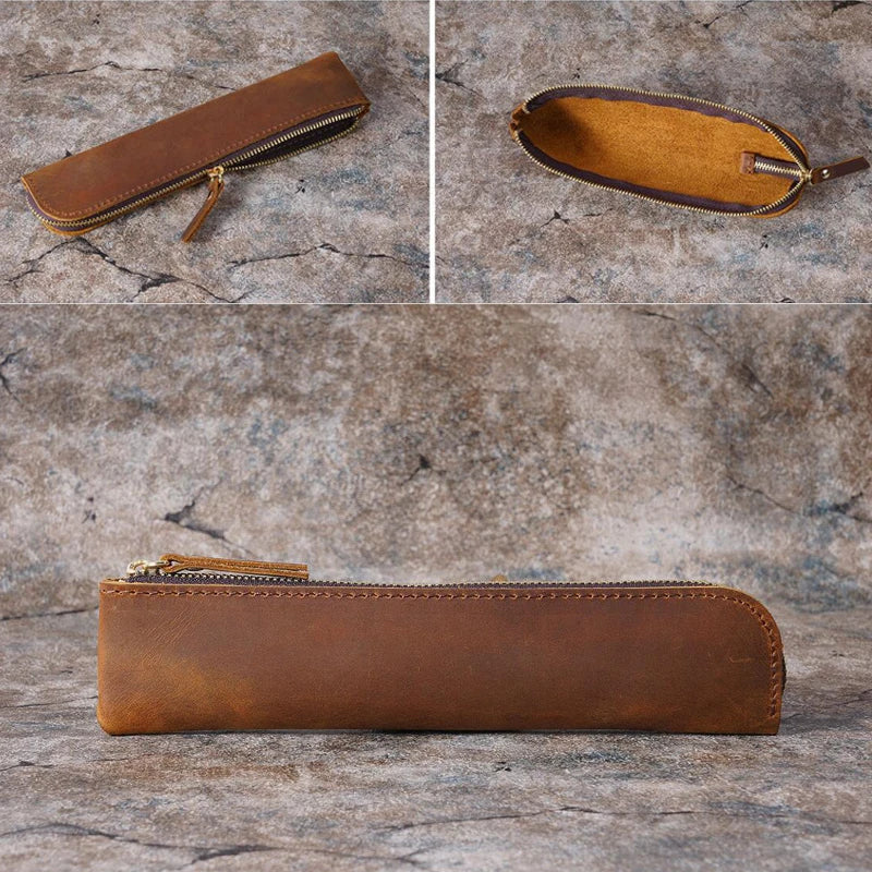 Oullins-Pierre-Bénite, trousse à crayons en cuir de vache, ligne rétro, vue produit 2 (2 sur 12)