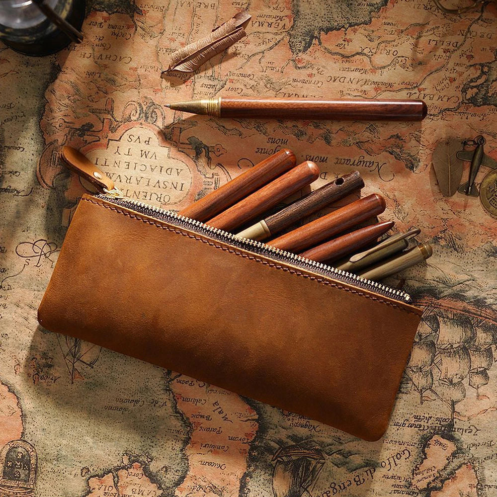 Thonon-les-Bains, trousse à crayons en cuir véritable, fermeture éclair, vue produit 4 (4 sur 12)