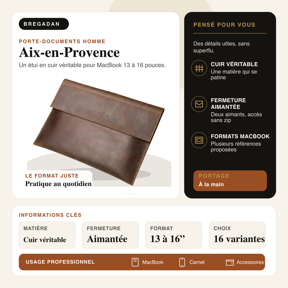 Aix-en-Provence — infographie Bregadan V3 : un étui en cuir véritable pour macbook 13 à 16 pouces, matière Cuir