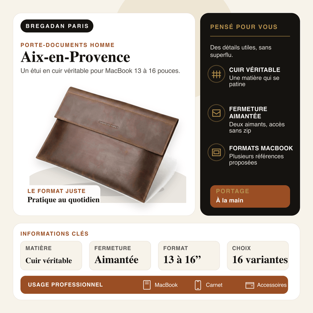 Aix-en-Provence — infographie Bregadan V3 : un étui en cuir véritable pour macbook 13 à 16 pouces, matière Cuir