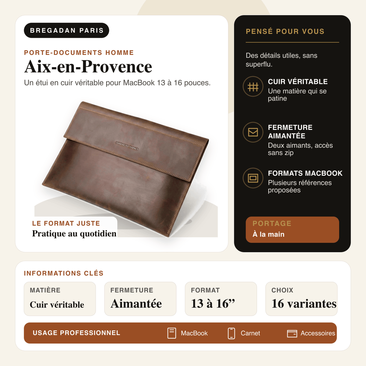 Aix-en-Provence — infographie Bregadan V3 : un étui en cuir véritable pour macbook 13 à 16 pouces, matière Cuir
