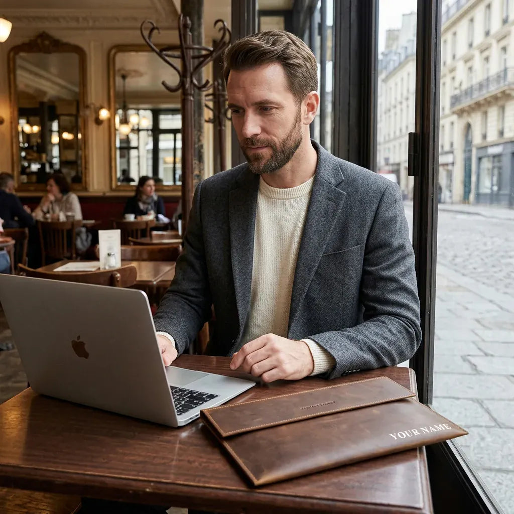 Aix-en-Provence - Étui MacBook Air 13 en cuir véritable - mise en situation, coloris brun cognac