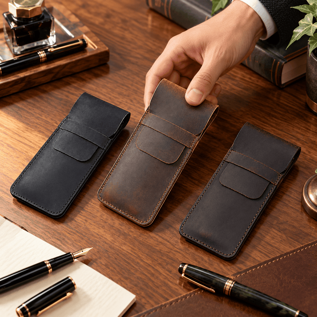 Ajaccio — Grands formats noir, marron et café — porte-stylos en usage