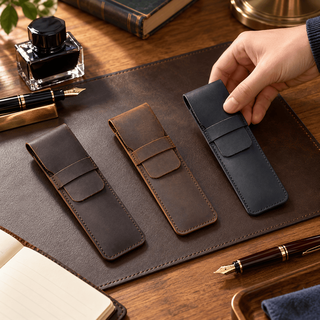 Ajaccio — Petits formats noir, marron et café — porte-stylos en usage