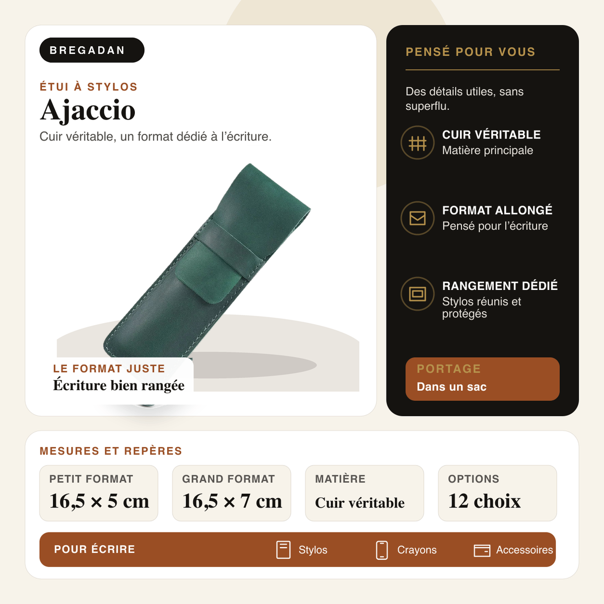 Ajaccio — infographie Bregadan V3 : cuir véritable, un format dédié à l’écriture, petit format 16,5 × 5 cm, grand
