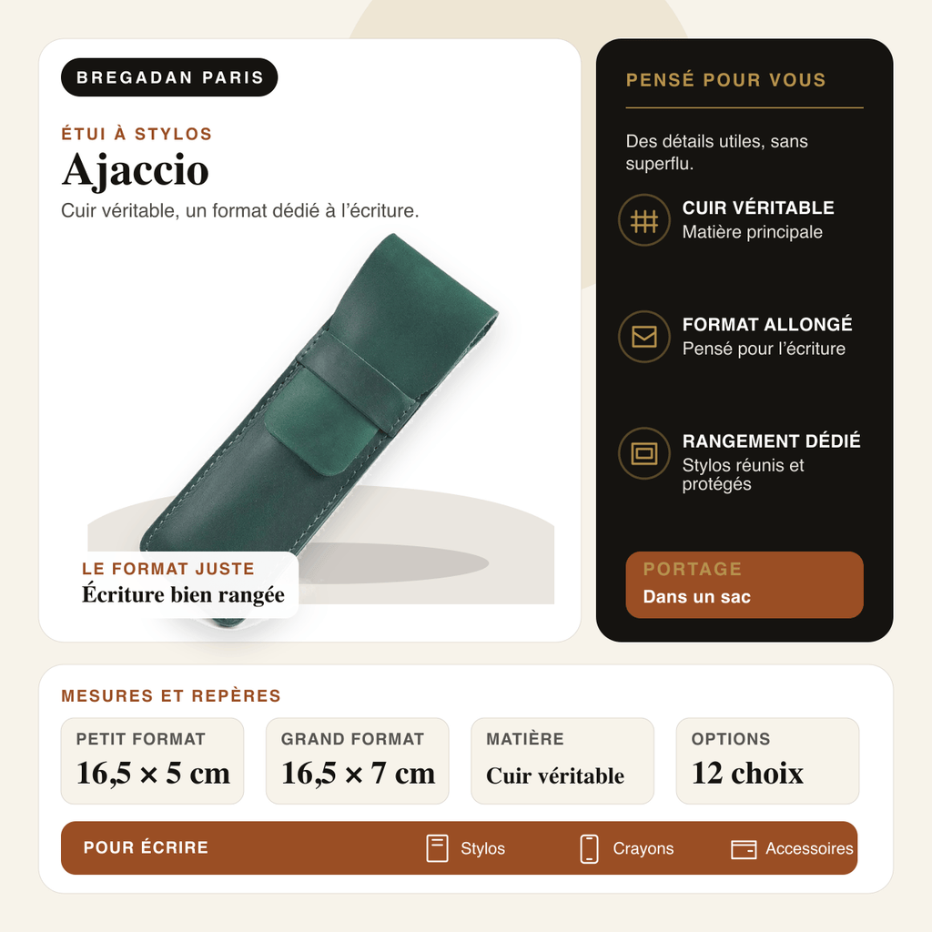 Ajaccio — infographie Bregadan V3 : cuir véritable, un format dédié à l’écriture, petit format 16,5 × 5 cm, grand