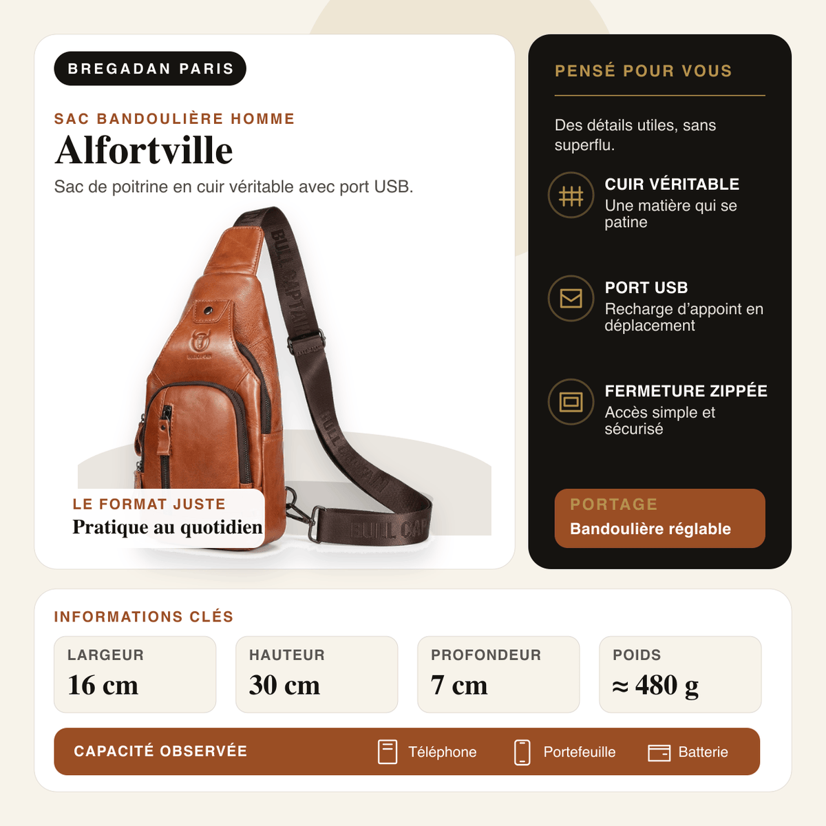 Alfortville — infographie Bregadan V3 : Sac de poitrine en cuir véritable avec port USB; largeur 16 cm, hauteur 30 cm