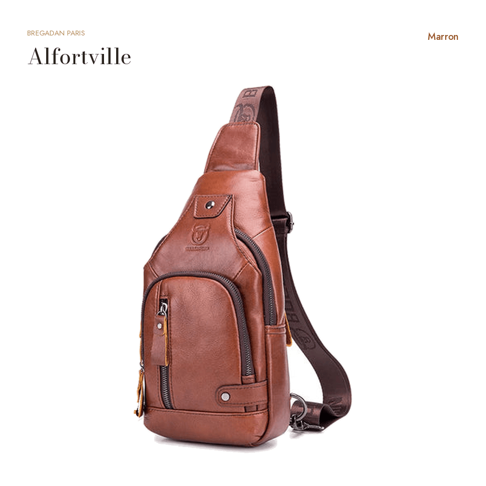 Alfortville, sac de poitrine en cuir véritable, port USB — Marron