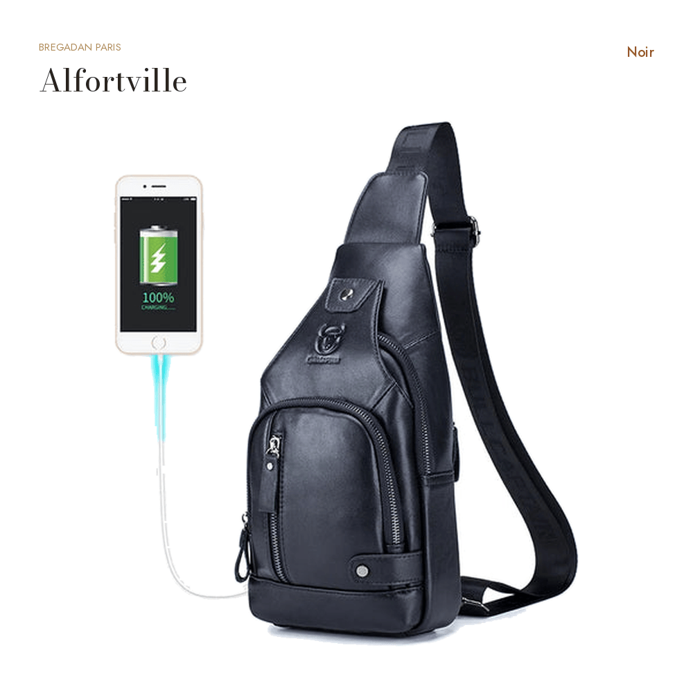 Alfortville, sac de poitrine en cuir véritable, port USB — Noir