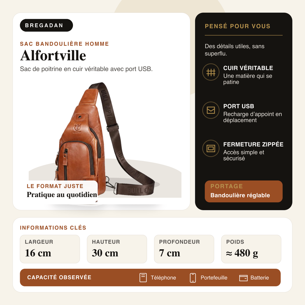 Alfortville — infographie Bregadan V3 : Sac de poitrine en cuir véritable avec port USB; largeur 16 cm, hauteur 30 cm