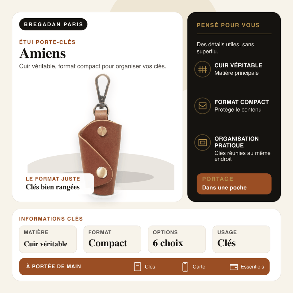 Amiens — infographie Bregadan V3 : cuir véritable, format compact pour organiser vos clés, matière Cuir véritable