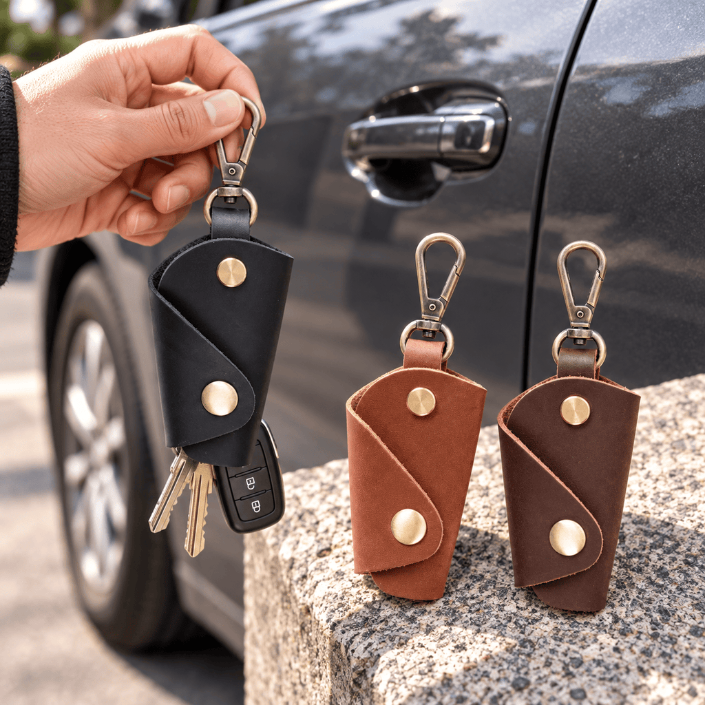 Amiens — Étuis porte-clés noir, marron et café — utilisation près d’une voiture