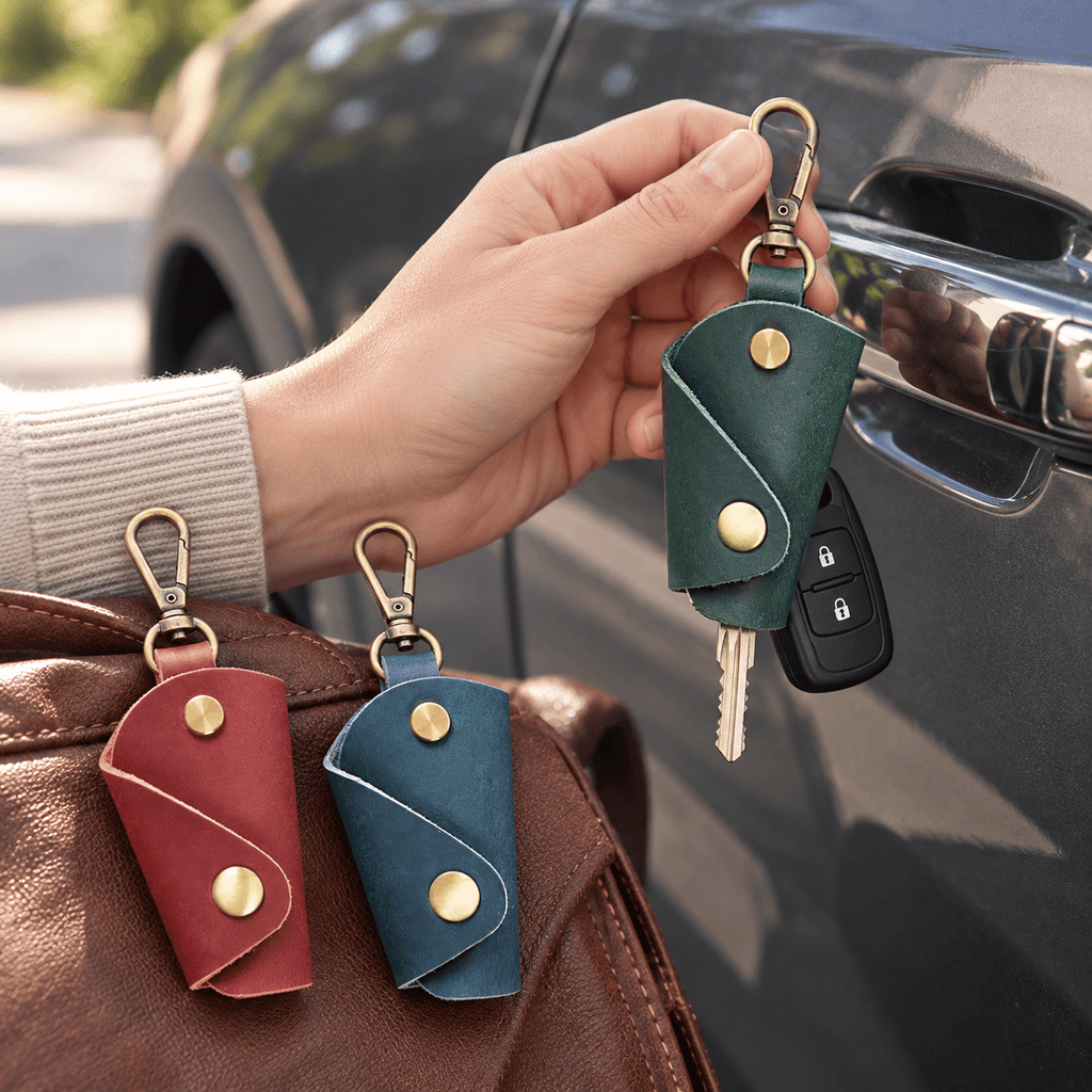 Amiens — Étuis porte-clés vert, rouge et bleu — utilisation près d’une voiture