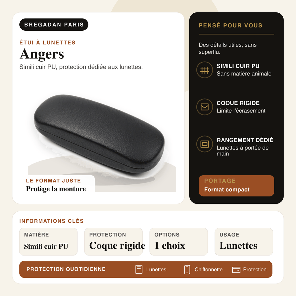 Angers — infographie Bregadan V3 : simili cuir pu, protection dédiée aux lunettes, matière Simili cuir PU, protection