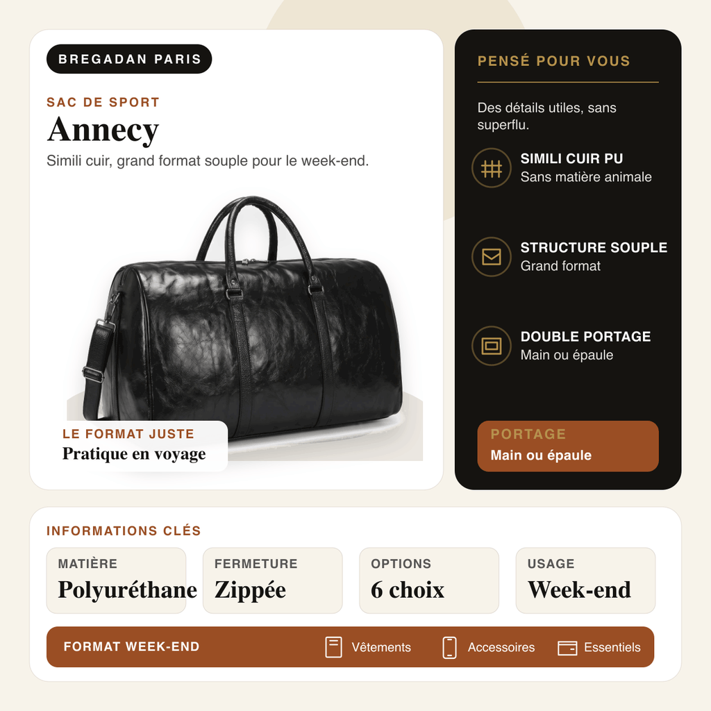 Annecy — infographie Bregadan V3 : grand sac de sport en simili cuir, fermeture zippée, double portage et 6 options.