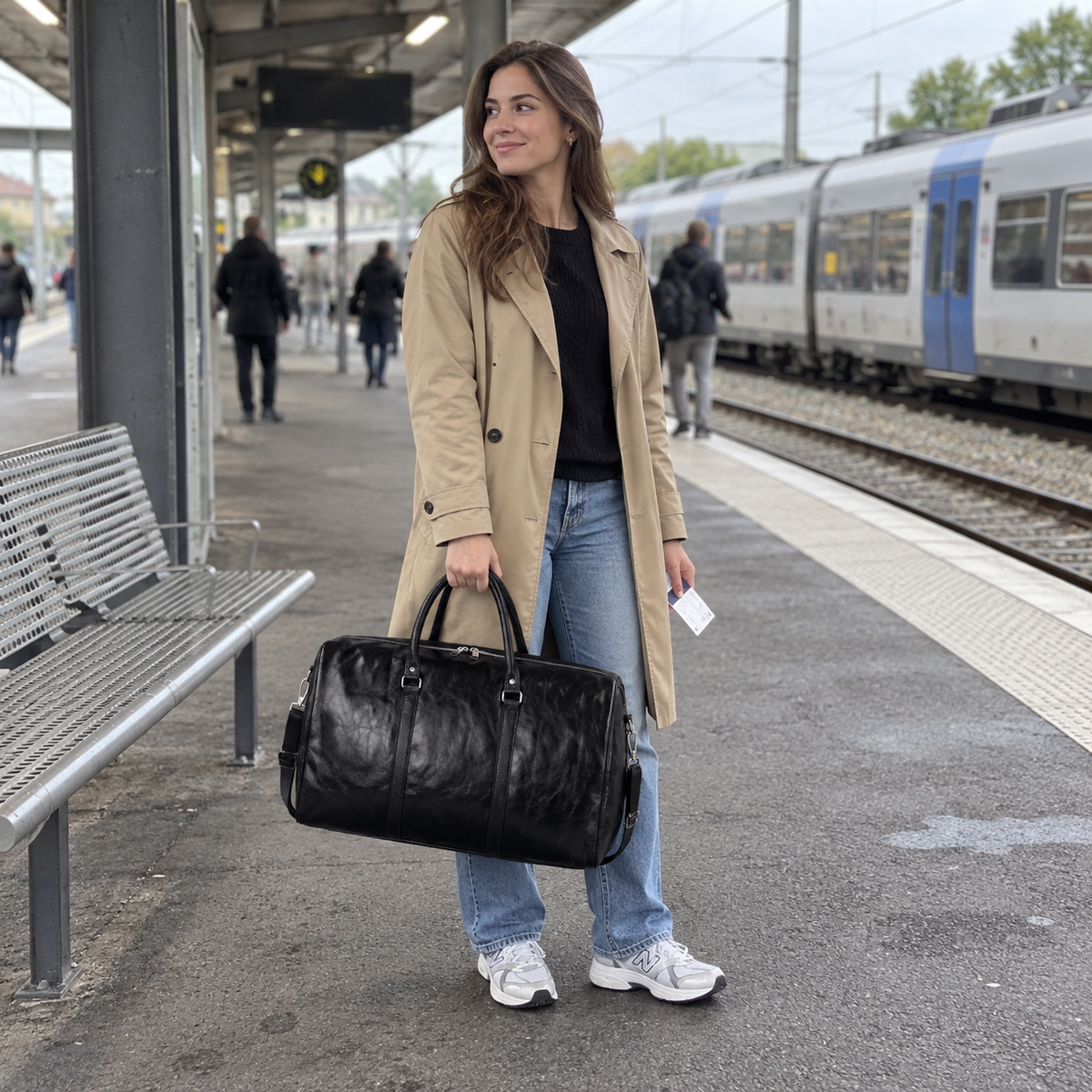 Annecy, grand sac week-end noir porté sur un quai de gare