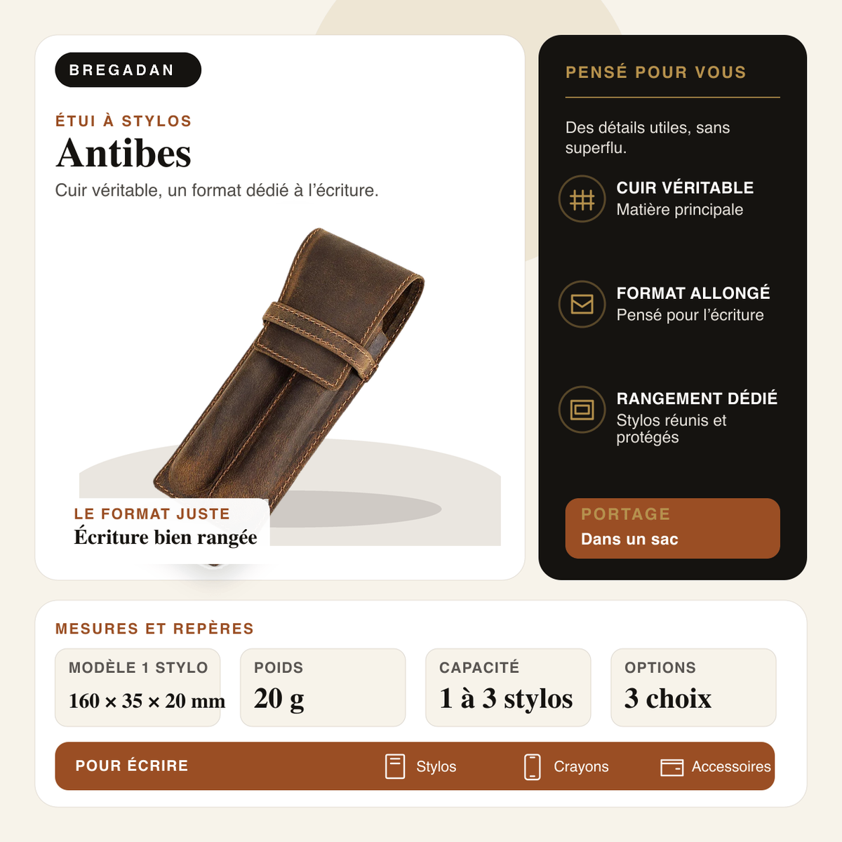 Antibes — infographie Bregadan V3 : cuir véritable, un format dédié à l’écriture, modèle 1 stylo 160 × 35 × 20 mm