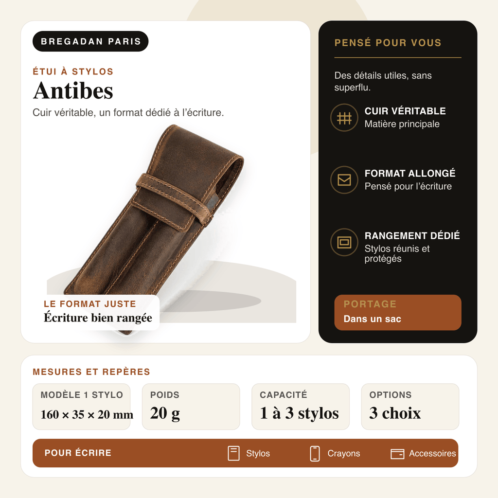 Antibes — infographie Bregadan V3 : cuir véritable, un format dédié à l’écriture, modèle 1 stylo 160 × 35 × 20 mm