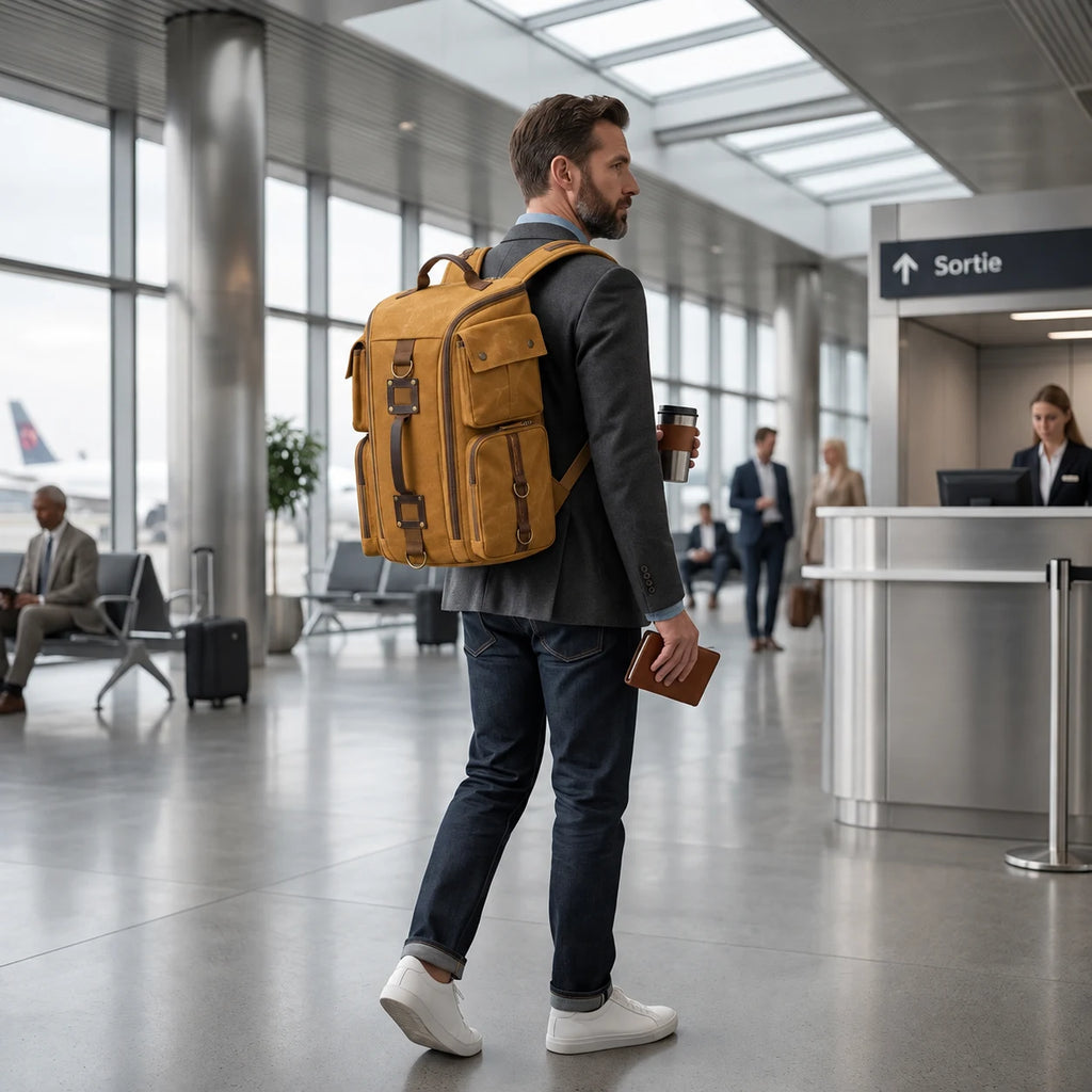 Antony — sac à dos jaune ocre porté, vue complète
