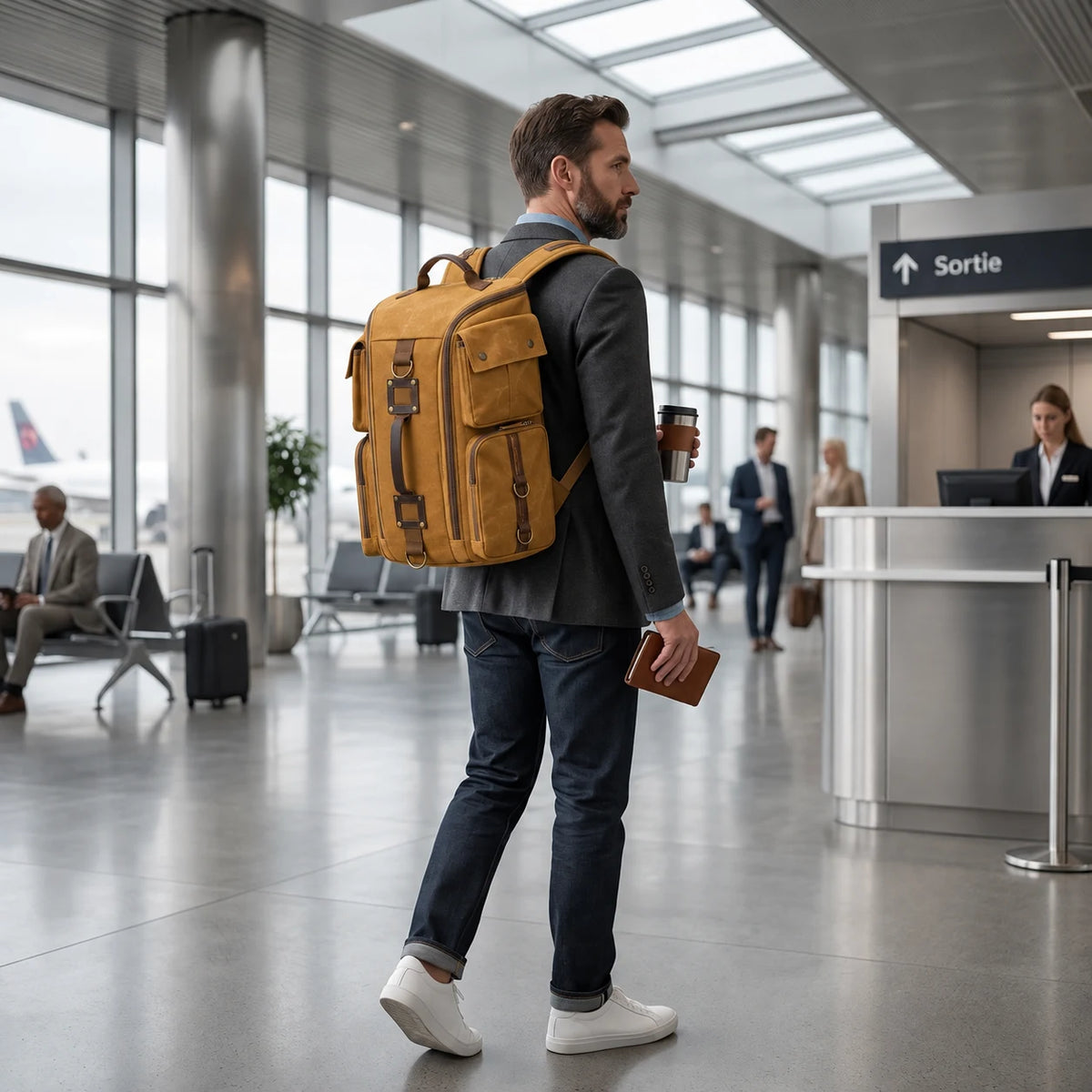 Antony — sac à dos jaune ocre porté, vue complète