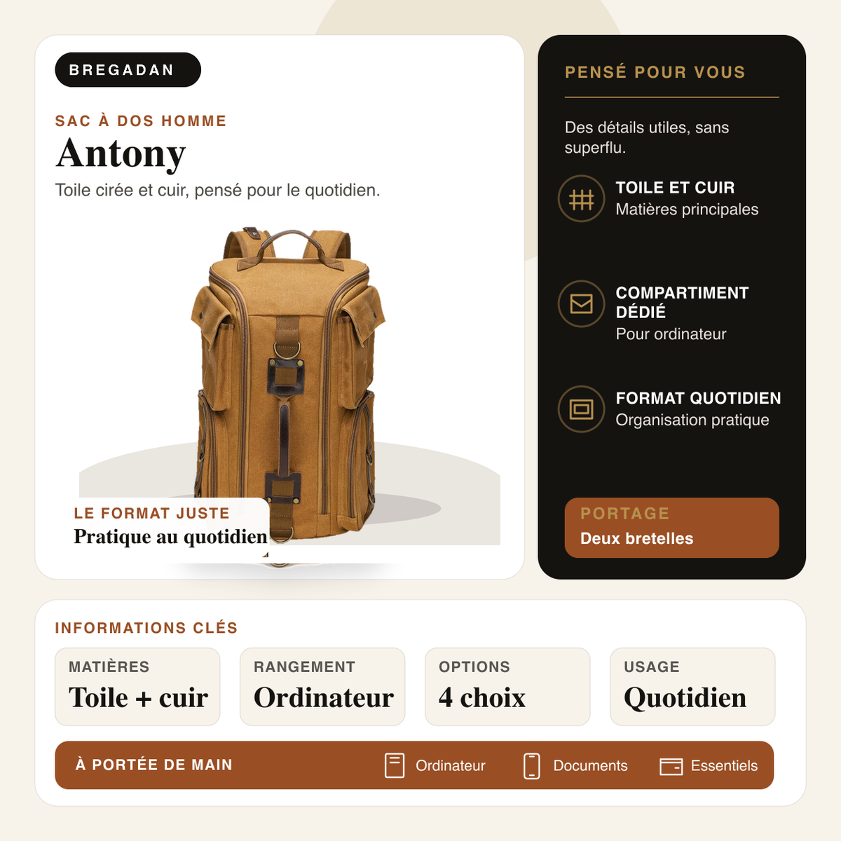 Antony — infographie Bregadan V3 : sac à dos en toile cirée et cuir, compartiment ordinateur, 4 coloris.