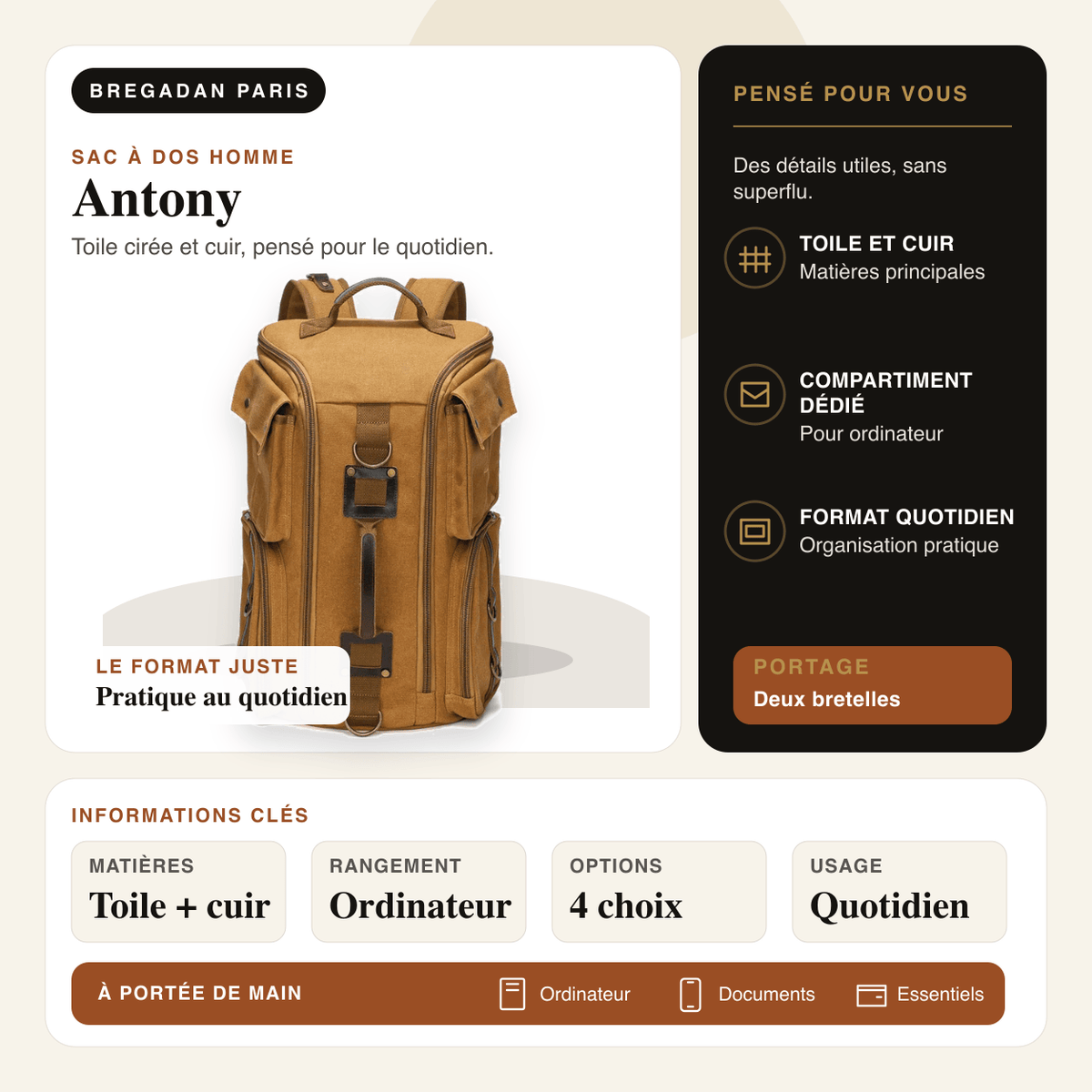 Antony — infographie Bregadan V3 : sac à dos en toile cirée et cuir, compartiment ordinateur, 4 coloris.