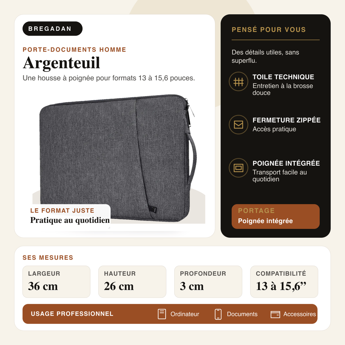 Argenteuil — infographie Bregadan V3 : une housse à poignée pour formats 13 à 15,6 pouces, largeur 36 cm, hauteur 26