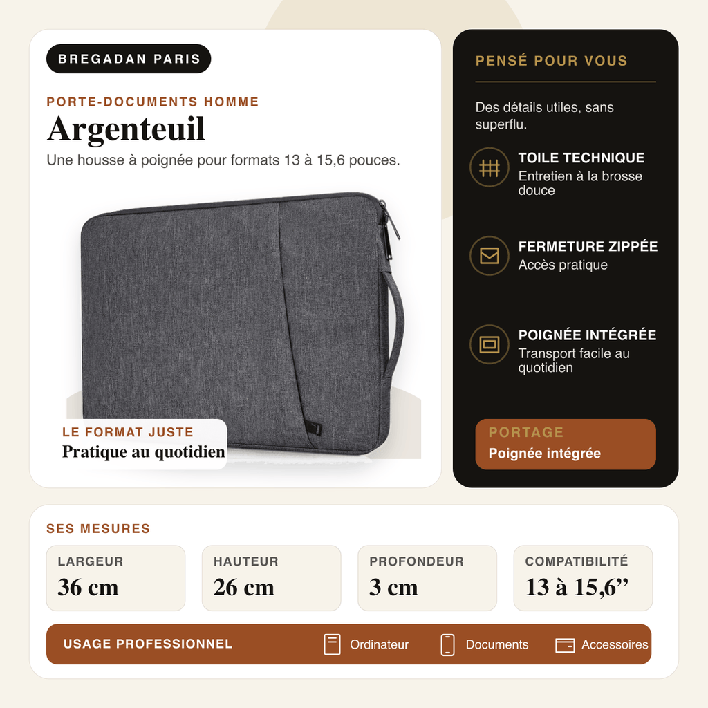 Argenteuil — infographie Bregadan V3 : une housse à poignée pour formats 13 à 15,6 pouces, largeur 36 cm, hauteur 26