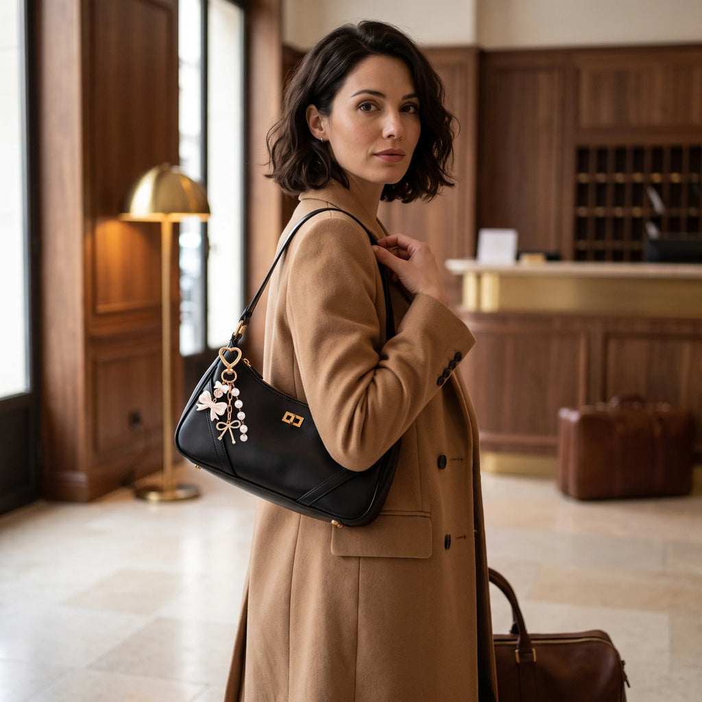 Breloque Arles portée par une femme sur le sac Nice de la collection Sacs à main femme