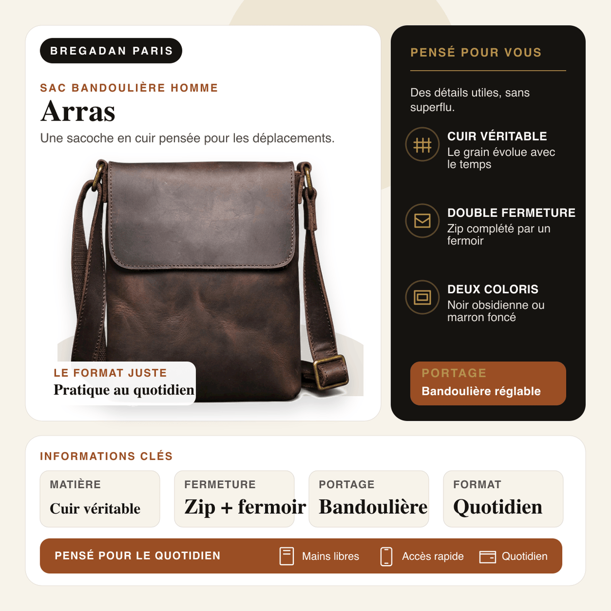 Arras — infographie Bregadan V3 : Une sacoche en cuir pensée pour les déplacements; matière Cuir véritable, fermeture