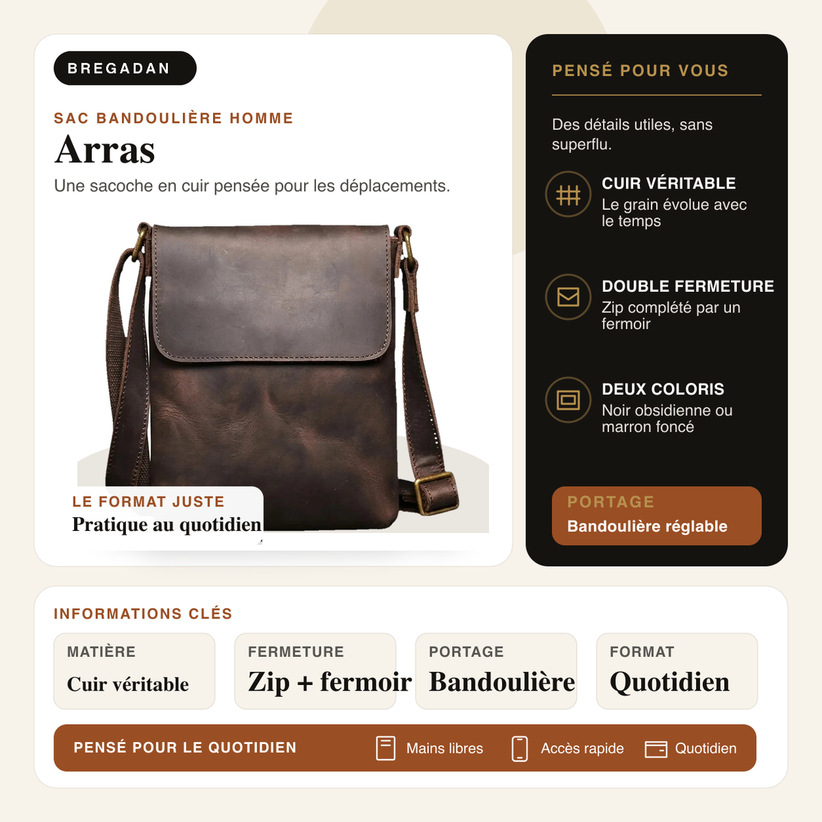 Arras — infographie Bregadan V3 : Une sacoche en cuir pensée pour les déplacements; matière Cuir véritable, fermeture
