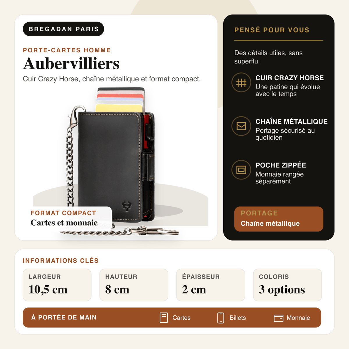 Aubervilliers — infographie Bregadan V3 : cuir Crazy Horse, chaîne, poche zippée et dimensions 10,5 × 8 × 2 cm