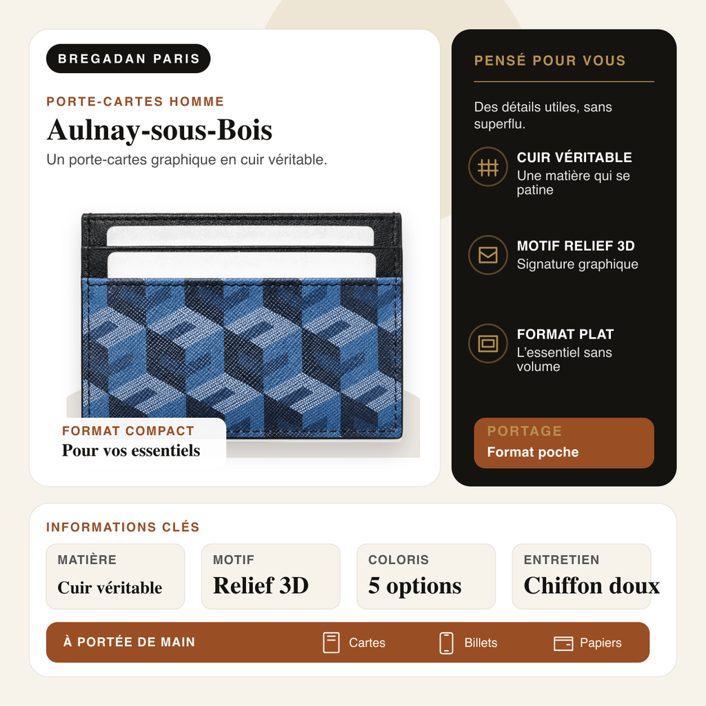 Aulnay-sous-Bois — infographie Bregadan V3 : cuir véritable, motif relief 3D et 5 coloris