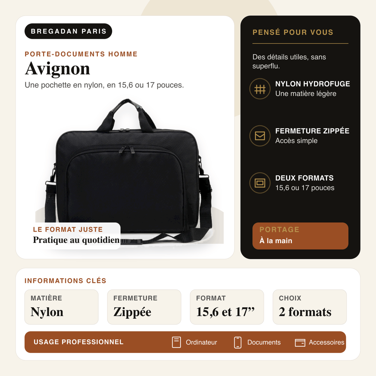 Avignon — infographie Bregadan V3 : une pochette en nylon, en 15,6 ou 17 pouces, matière Nylon, fermeture Zippée
