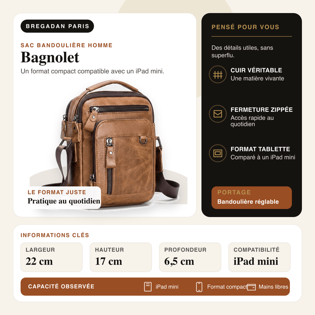 Bagnolet — infographie Bregadan V3 : Un format compact compatible avec un iPad mini; largeur 22 cm, hauteur 17 cm