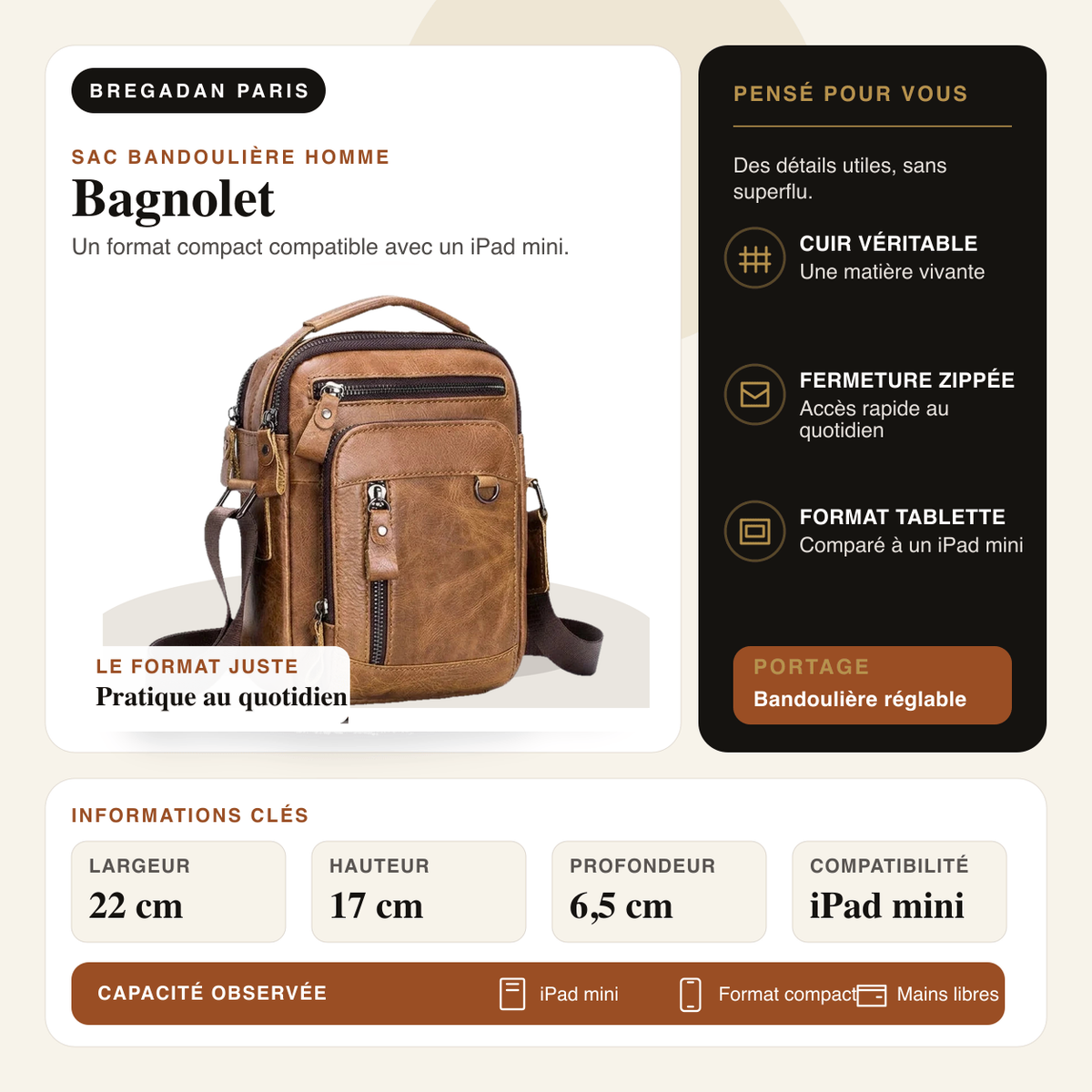 Bagnolet — infographie Bregadan V3 : Un format compact compatible avec un iPad mini; largeur 22 cm, hauteur 17 cm