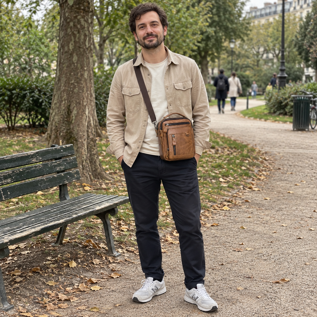 Bagnolet, petite sacoche bandoulière marron portée au parc