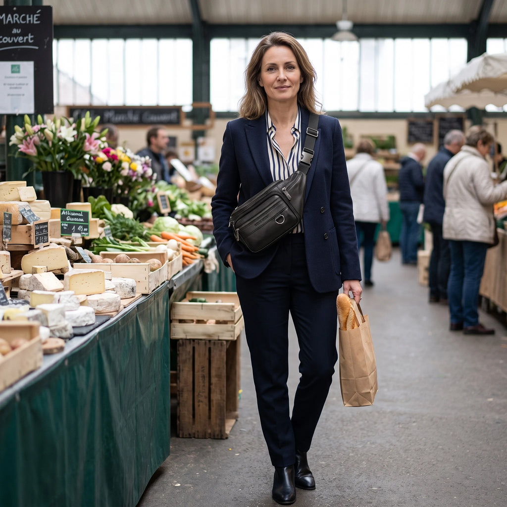 Bayonne - sac banane cuir noir porté par une femme au marché