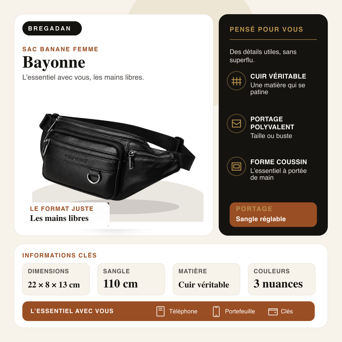 Bayonne — infographie Bregadan V3 : cuir véritable, portage taille ou buste