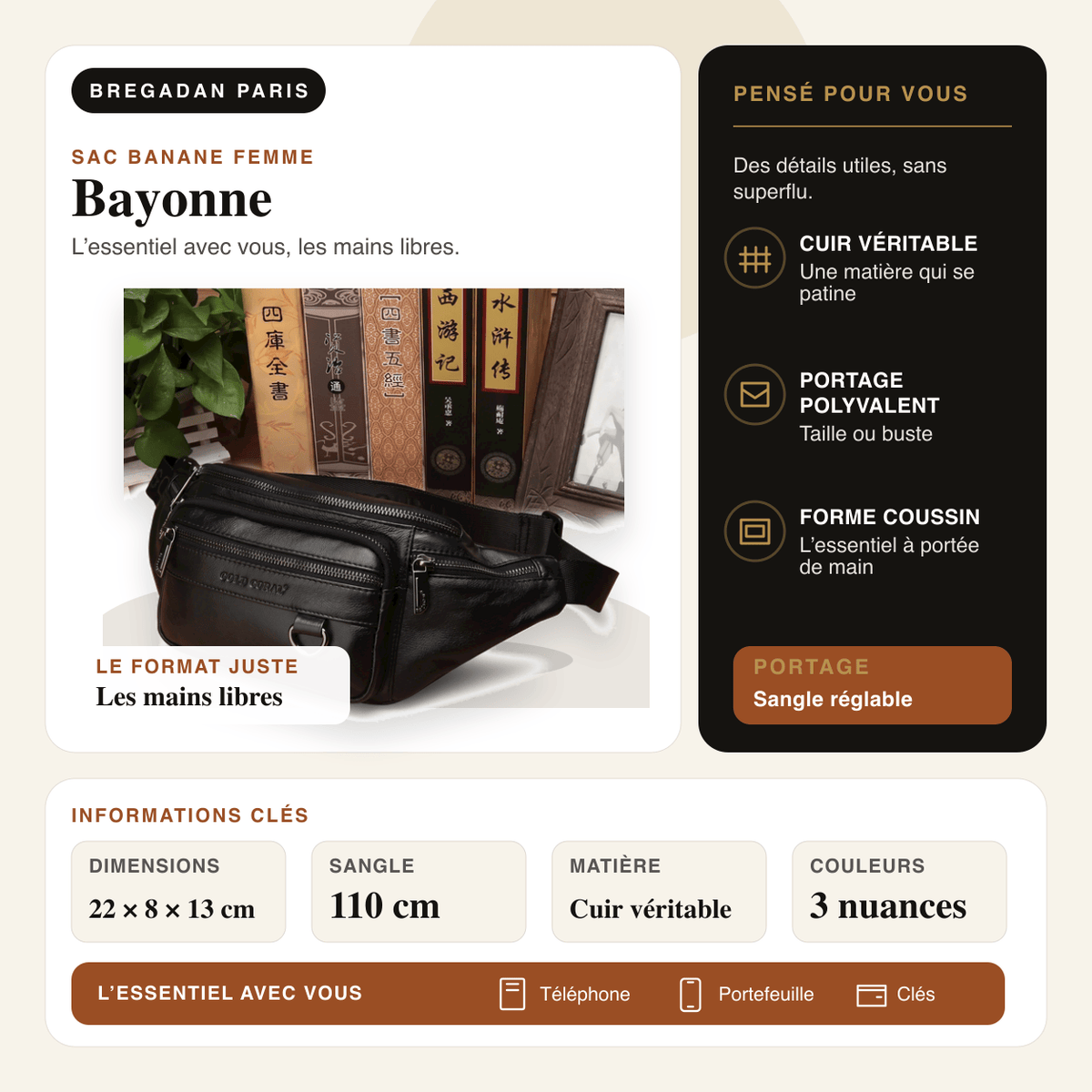Bayonne — infographie Bregadan V3 : cuir véritable, portage taille ou buste