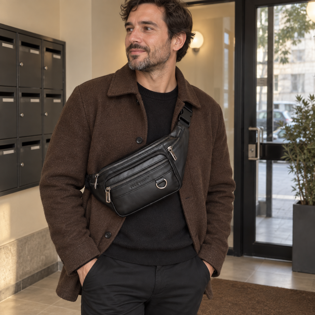 Bayonne - Sac banane en cuir véritable, 22 cm, sangle 110 cm — photo portée naturelle, entrée d’immeuble