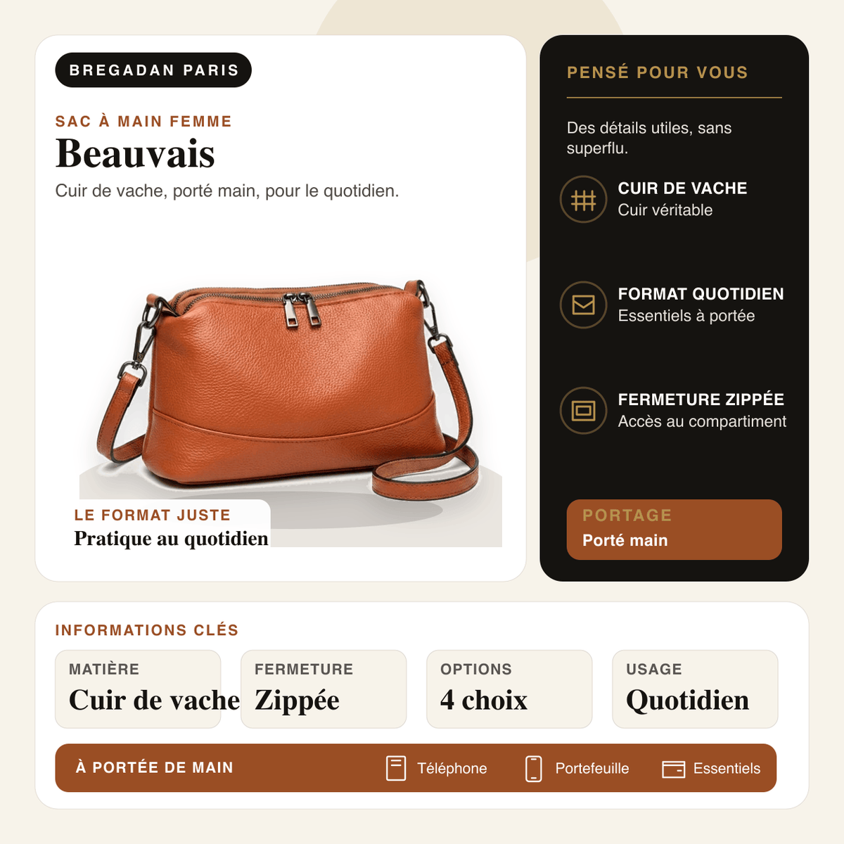 Beauvais — infographie Bregadan V3 : cuir de vache, porté main