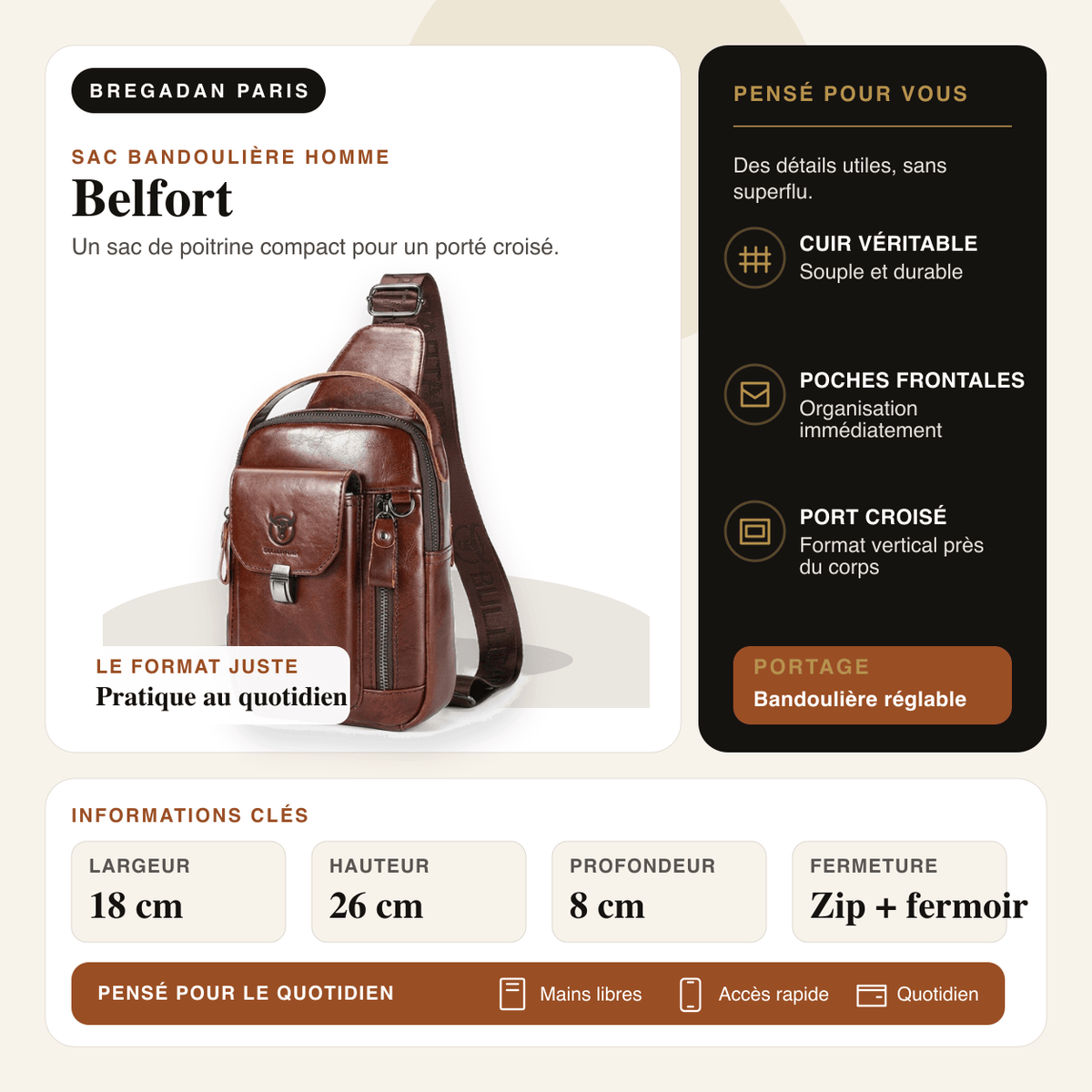 Belfort — infographie Bregadan V3 : Un sac de poitrine compact pour un porté croisé; largeur 18 cm, hauteur 26 cm