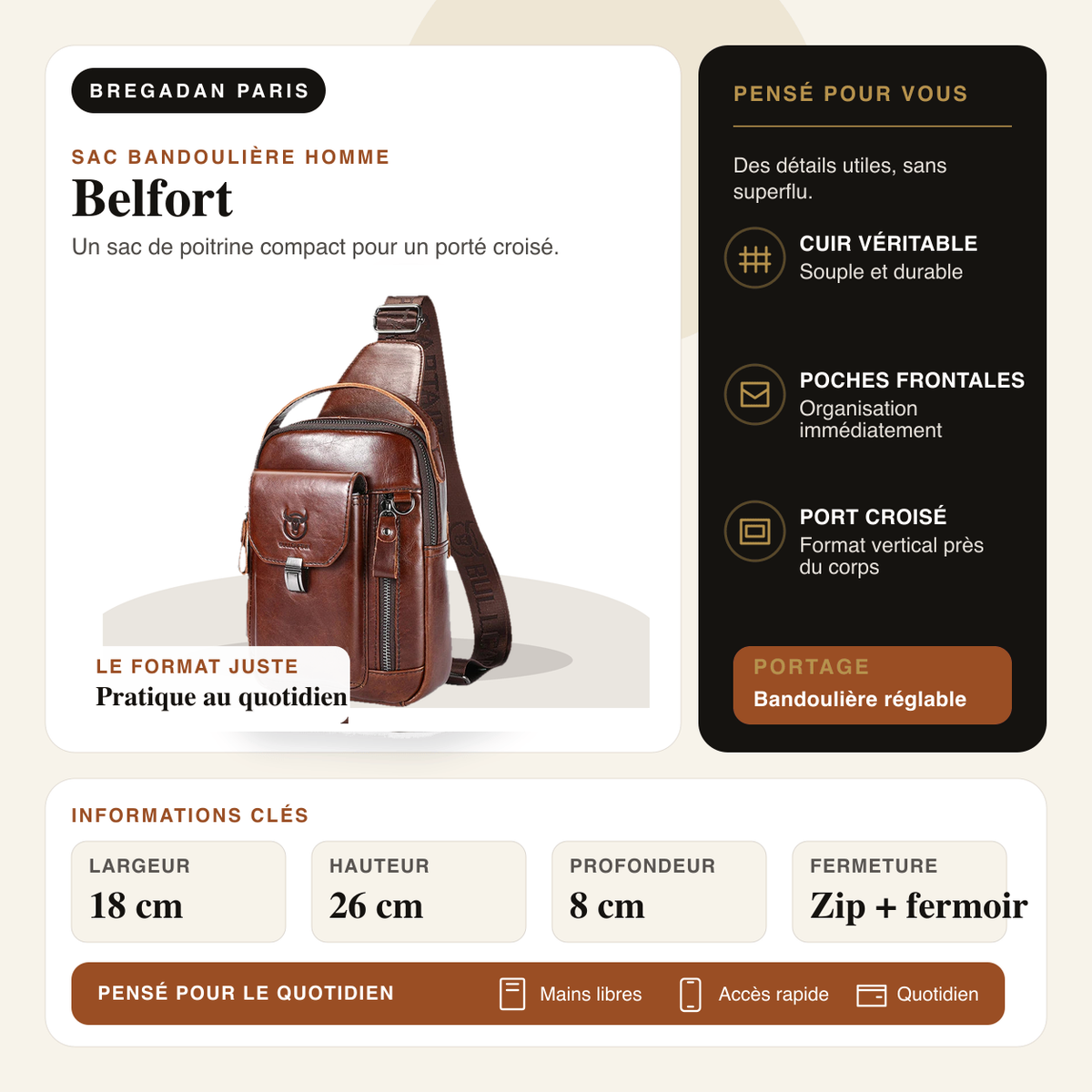 Belfort — infographie Bregadan V3 : Un sac de poitrine compact pour un porté croisé; largeur 18 cm, hauteur 26 cm
