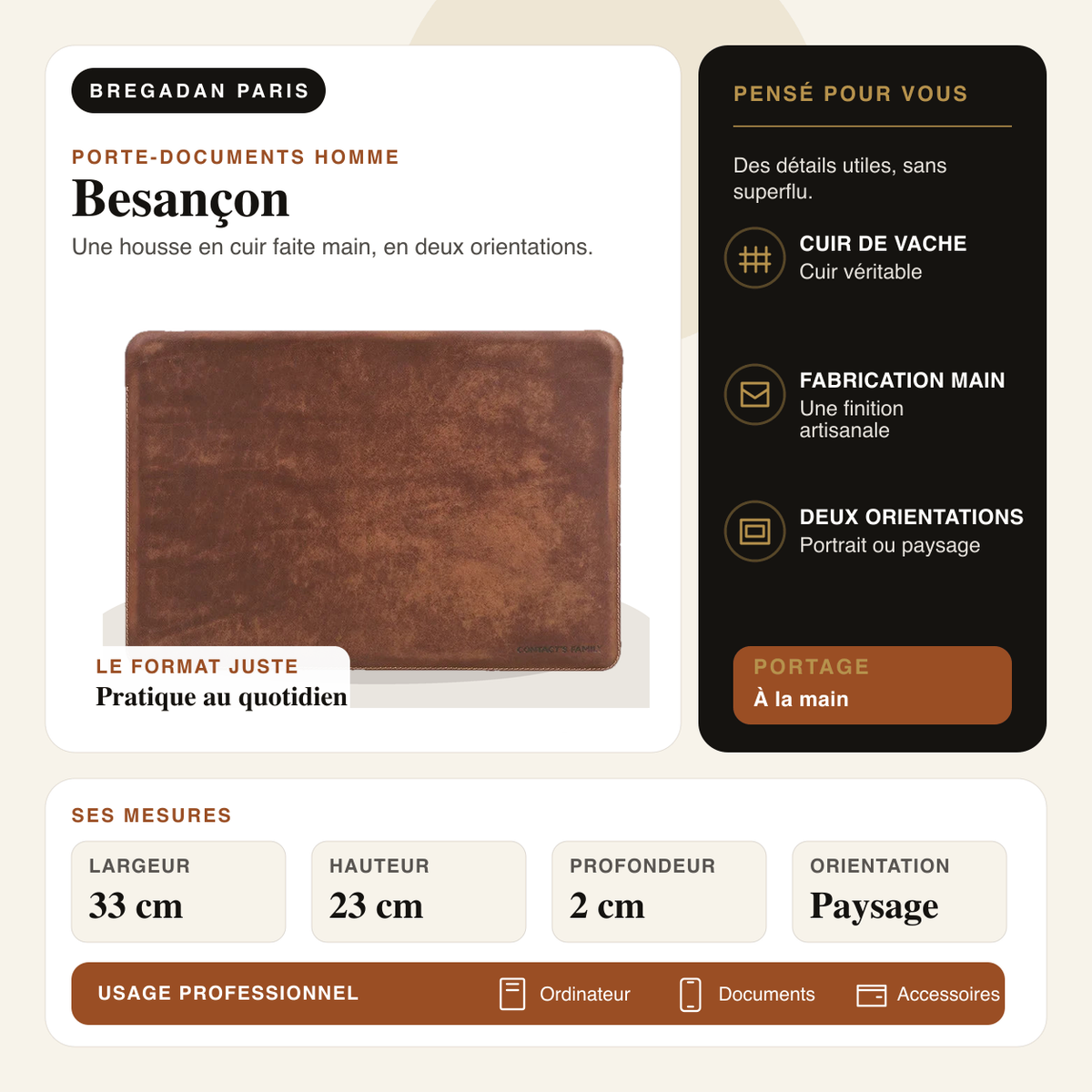Besançon — infographie Bregadan V3 : une housse en cuir faite main, en deux orientations, largeur 33 cm, hauteur 23