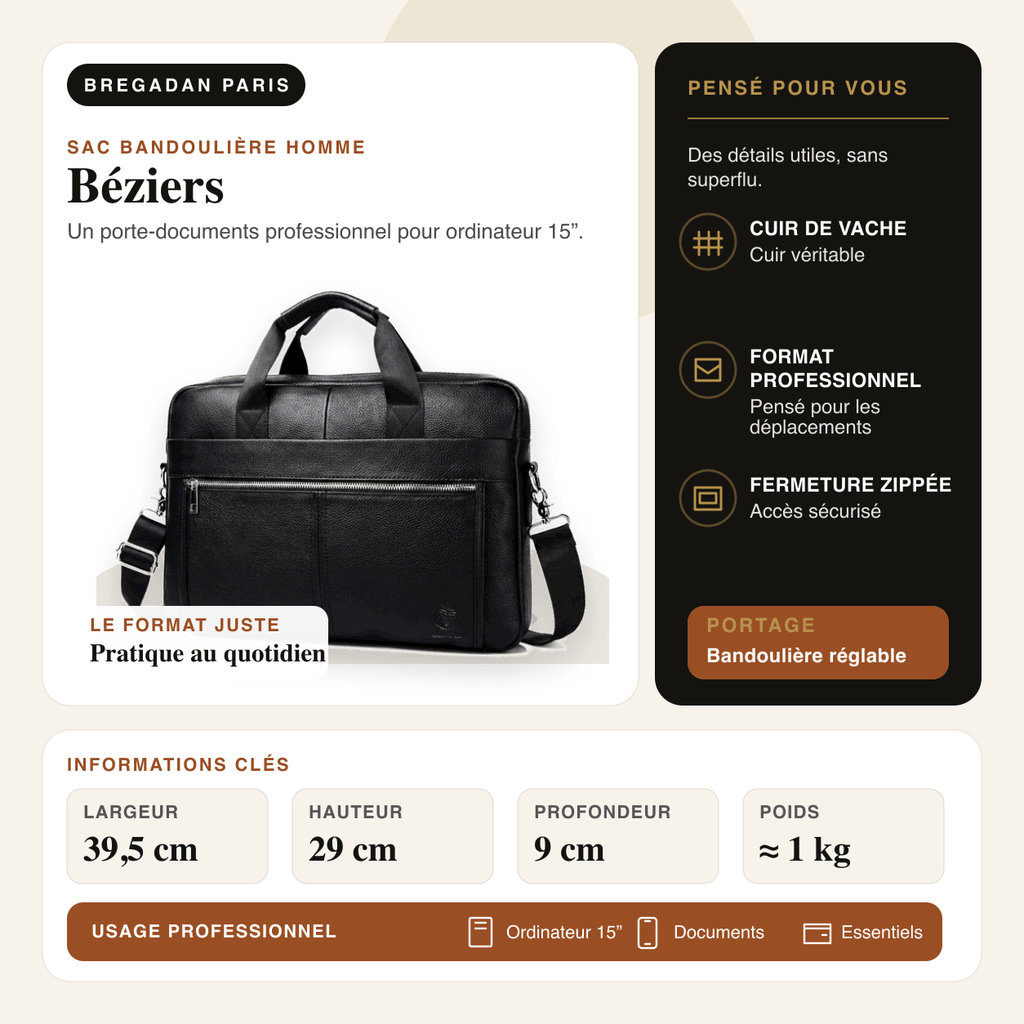 Béziers — infographie Bregadan V3 : Un porte-documents professionnel pour ordinateur 15”; largeur 39,5 cm, hauteur 29