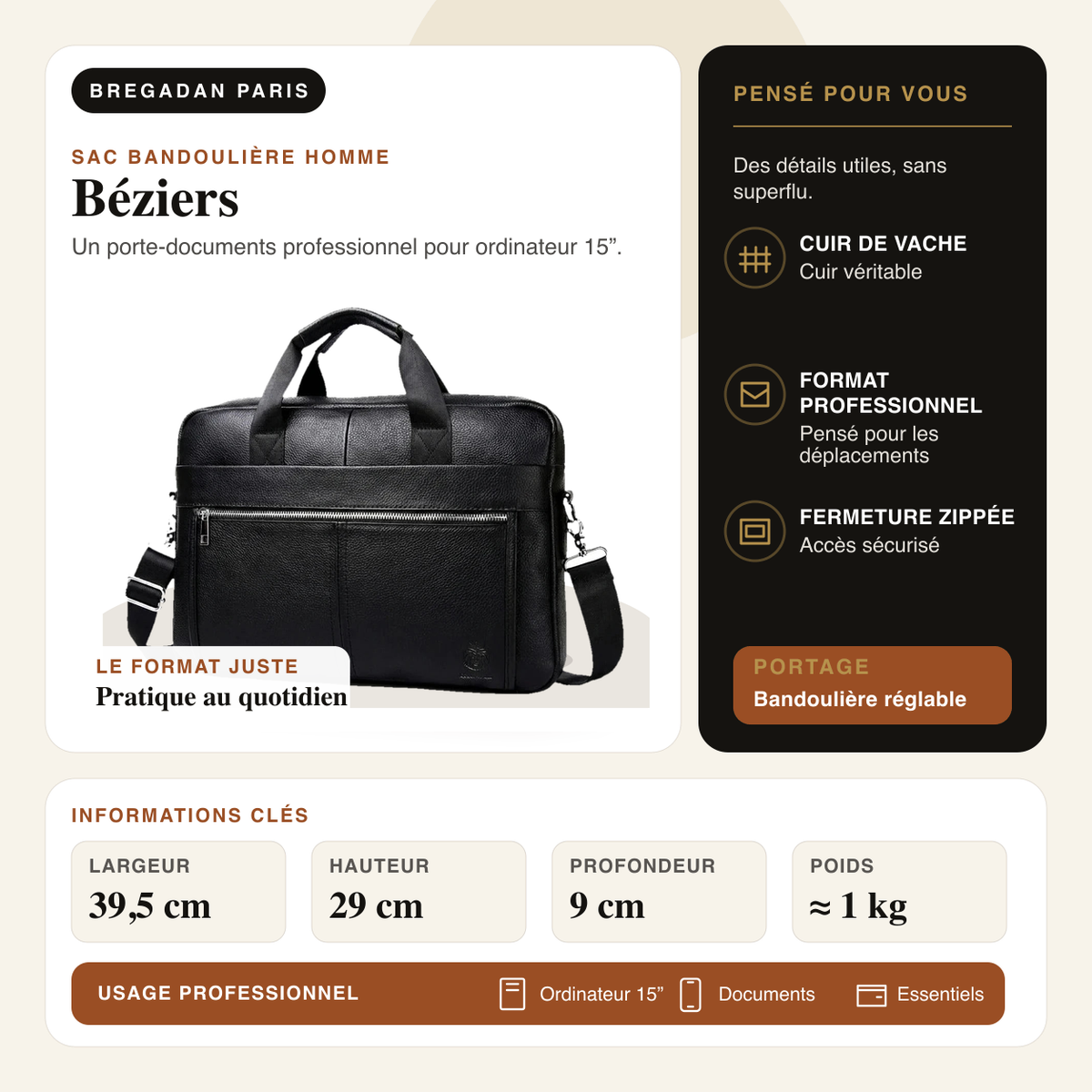 Béziers — infographie Bregadan V3 : Un porte-documents professionnel pour ordinateur 15”; largeur 39,5 cm, hauteur 29