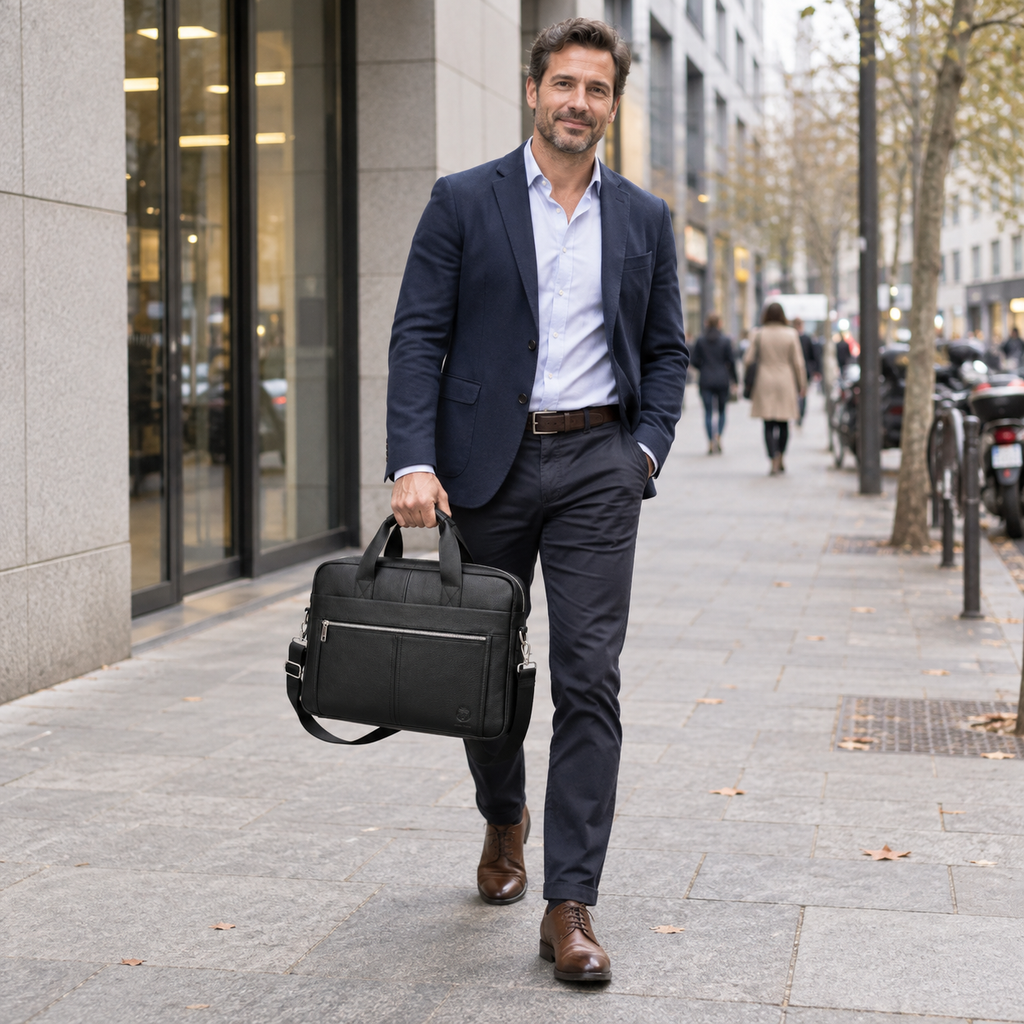Béziers, porte-documents noir porté à la sortie du bureau