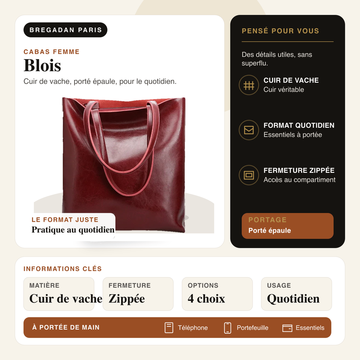Blois — infographie Bregadan V3 : cuir de vache, porté épaule