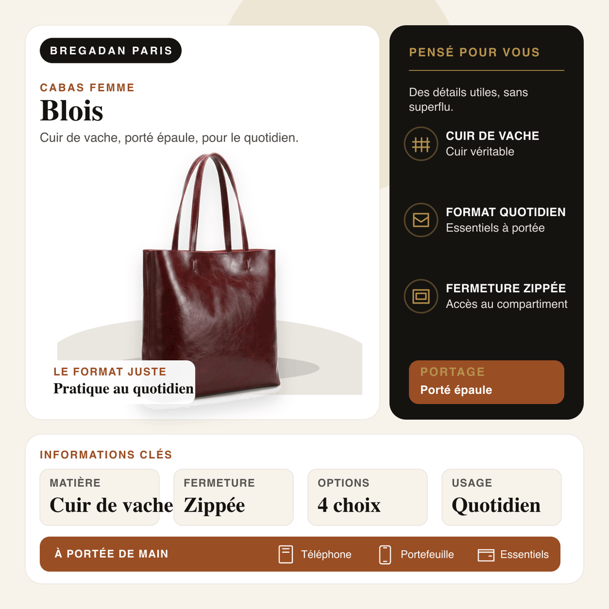 Blois — infographie Bregadan V3 : cuir de vache, porté épaule